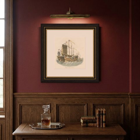 Antique Print of Chinese Junks or Merchant Ships, 1827, shown framed on a wall
