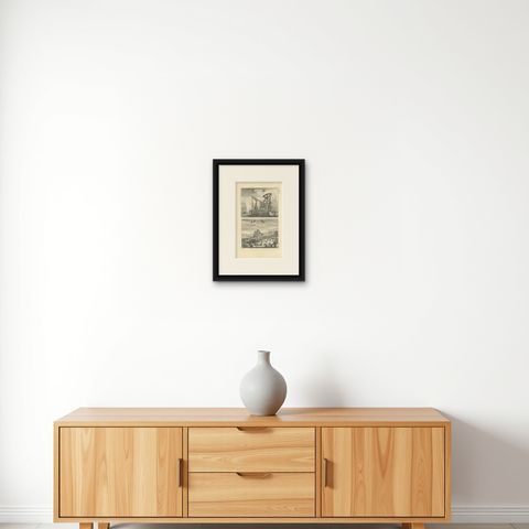 Antique Print of Ship Cranes and a Bridge in Amsterdam, circa 1730, shown framed on a wall