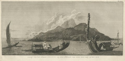 View of the Island of Tahiti, with Outrigger Canoes and Sailing Catamarans, 1803, close-up 1