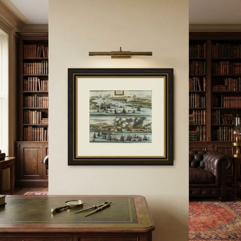 Decorative Engraving of VOC Battle Ships Attacking Palembang in Sumatra, ca.1700, shown framed on a wall
