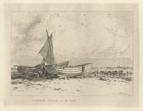 Antique Great Yarmouth Fishing Boats Maritime Etching by E.W. Cooke, 1828, close-up 1