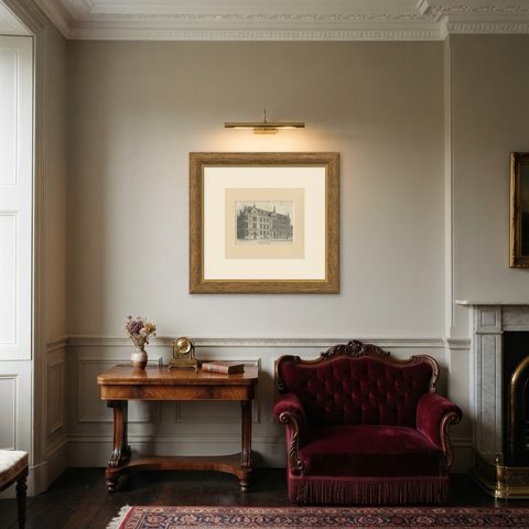 Antique Print of the Former Maritime Academy of Amsterdam, c.1890, shown framed in a room
