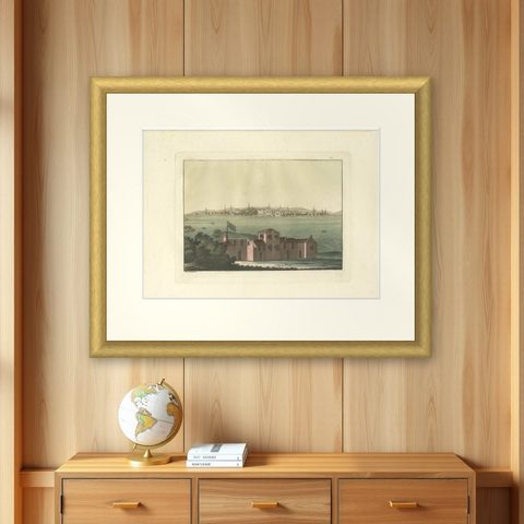 Boston Harbor View from Castle William, Hand-Colored Aquatint by Fumagalli, 1827, shown framed on a wall