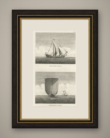 Antique Print of Two Japanese Vessels, 1799, shown framed
