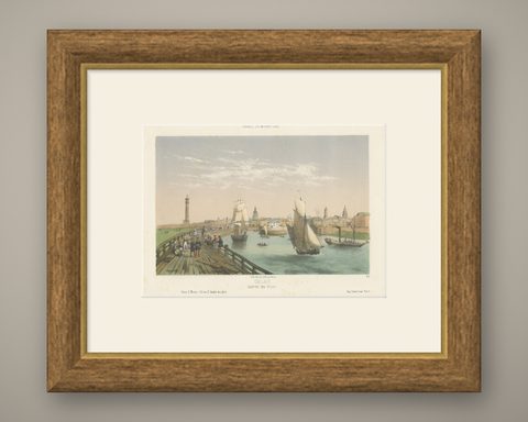 Original Antique Print of the Port of Calais, France, ca.1860, shown framed