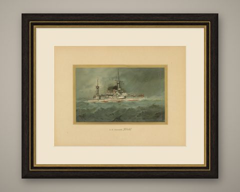 SMS Wörth: German Pre-Dreadnought Battleship in Stormy Seas, 1903 Chromolitho, shown framed