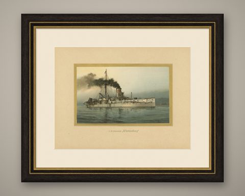 SMS Württemberg: German Coastal Defense Ship in Chromolithograph by Hugo Graf, shown framed