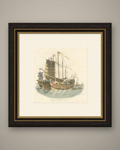 Antique Print of Chinese Junks or Merchant Ships, 1827, shown framed