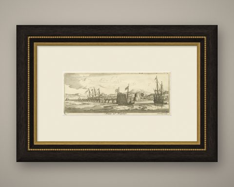 View of Fanar in the Aegean Archipelago with Bridge and Ships, ca. 1680, shown framed