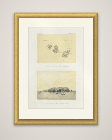 Chincha Islands Antique Lithograph 1865, Map & Coastal Scene, Peru, shown framed
