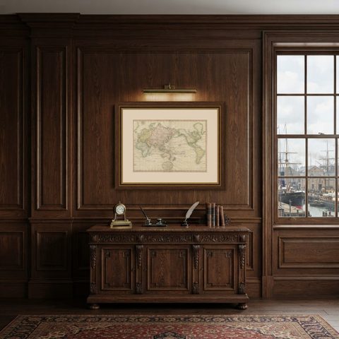 Attractive Antique Map of the World as Planisphere, Shows Cook's Voyages, 1799, shown framed in a room