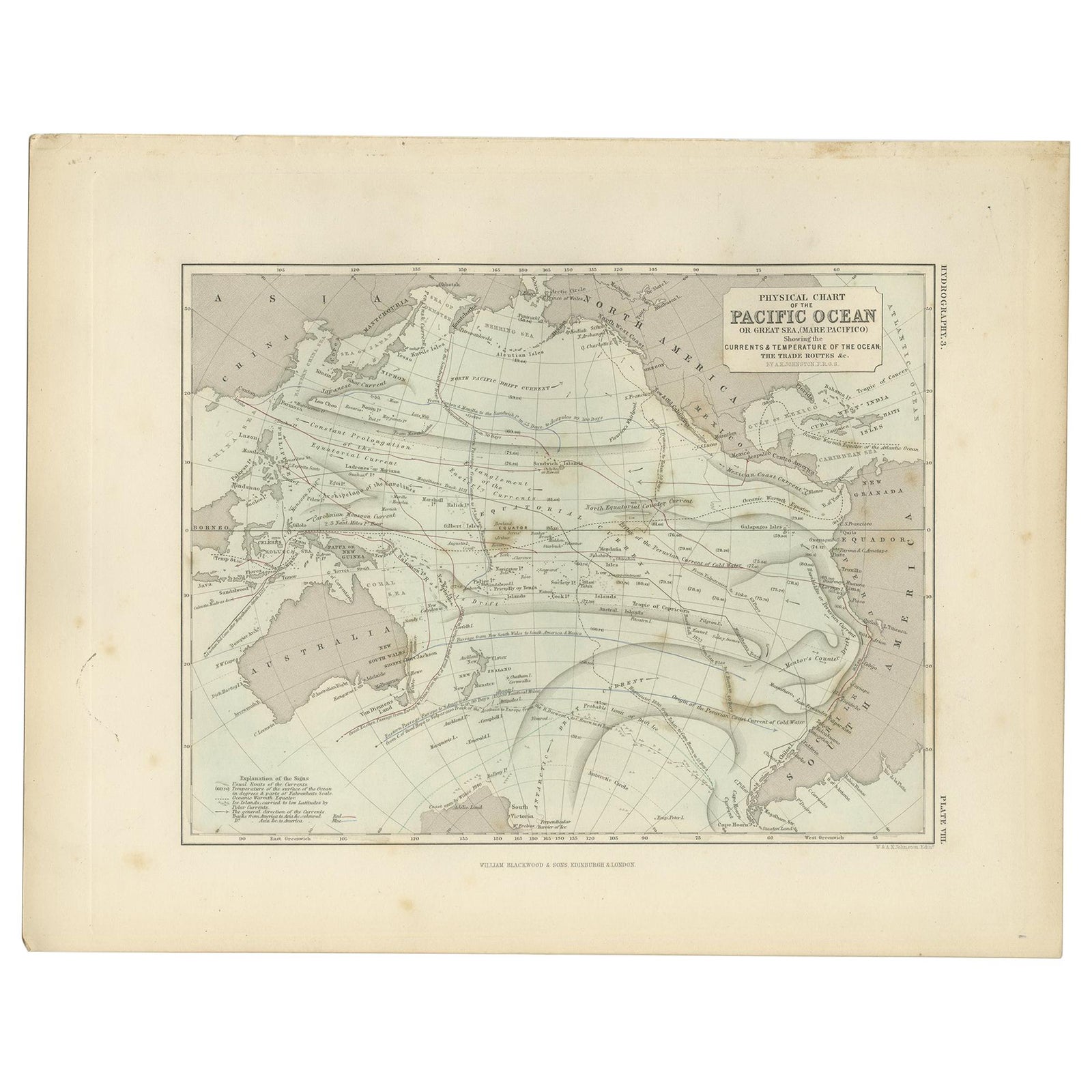 Antique Physical Chart of the Pacific Ocean by Johnston, '1850'