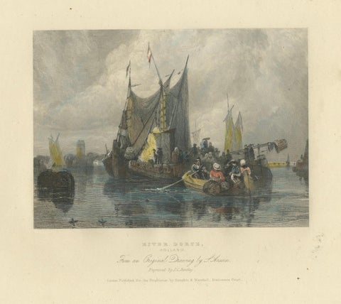 Hand-Colored Engravings of Dutch Maritime Scenes: Amsterdam and River Dort, 1830, close-up 6