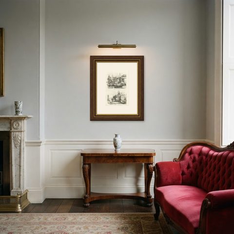 Antique Print of Chinese Boats and a Chinese Village by Dumont d'Urville '1834', shown framed in a room