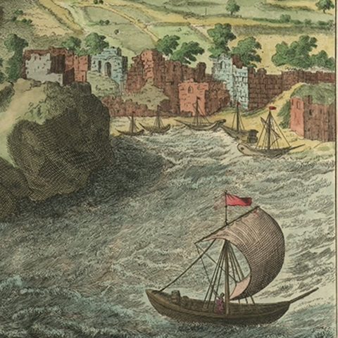 Old Engraving the City and Harbour of Pathmos, Patmos or Patimo in Greece, 1725, close-up 2