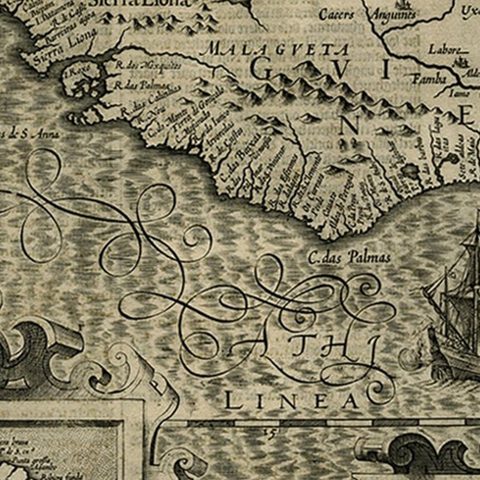 Old Decorative Map of the West African Coast & St. Thomae Island, c.1600, close-up 1