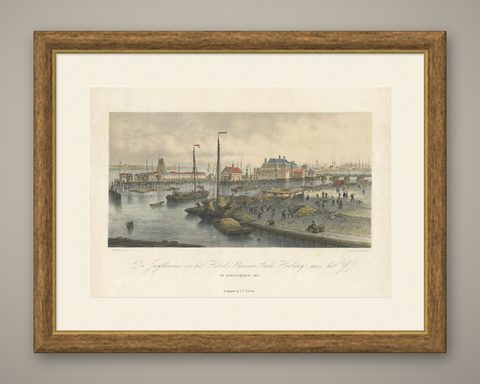 Antique Print of the Harbour of the IJ 'Amsterdam' by Stemler '1871', shown framed