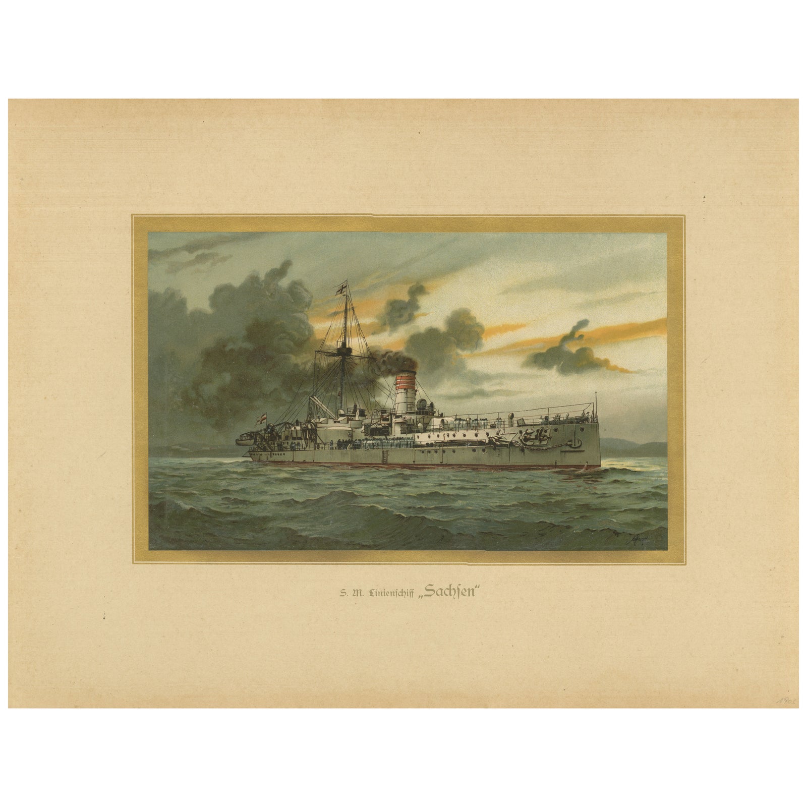 SMS Sachsen: Pioneering German Coastal Defense Ship, 1903 Chromolithograph