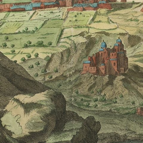 Old Engraving the City and Harbour of Pathmos, Patmos or Patimo in Greece, 1725, close-up 3