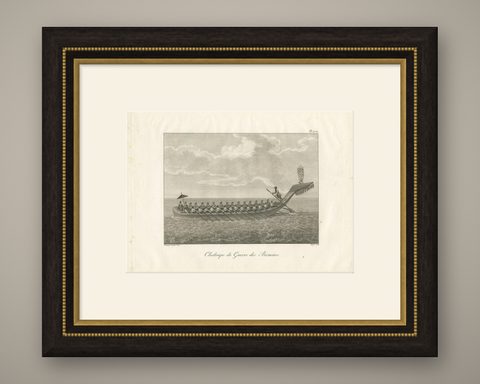 Antique Print of a Burmese War Boat by Symes '1800', shown framed