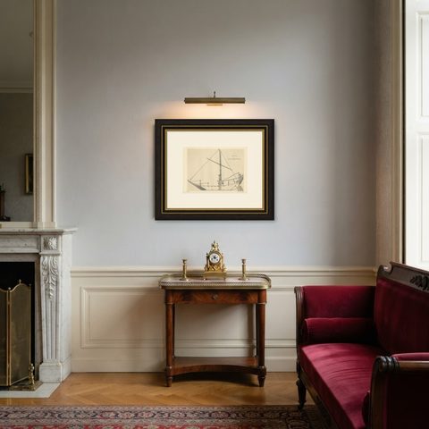 Antique Print of a Japanese Junk Longitudinal Section, 1856, shown framed in a room