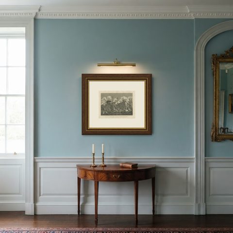 Naval Might of Tahiti: War Canoes Observed by Captain Cook, circa 1817, shown framed in a room
