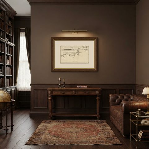 Antique Coastal Views and a Map of Van Diemens Land (Tasmania), Australia, 1803, shown framed in a room