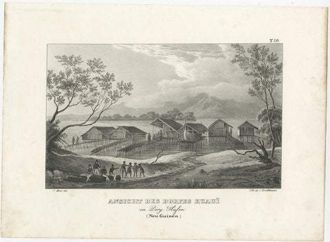 Original Lithograph with a Scene of a Village and Harbour in New Guinea, c.1836, view 2