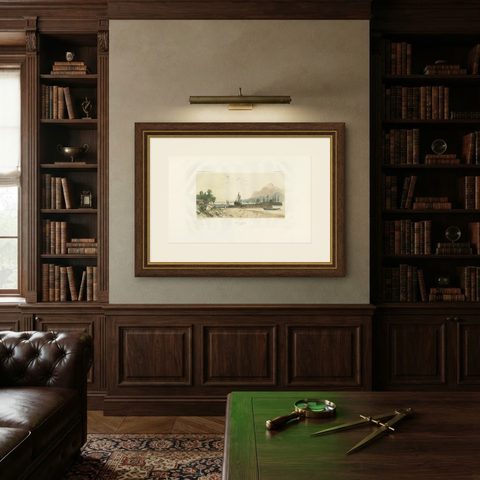 Antique Print of the Port of Ambon by D'Urville, circa 1850, shown framed on a wall