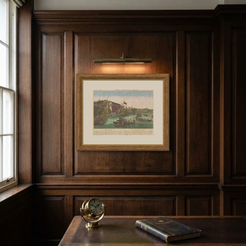 Optical View of New York City Manhattan Harbor Hand-Colored Augsburg, ca.1775, shown framed on a wall