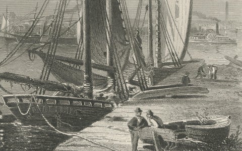 City of Boston, Harbor View from South Boston, Antique Maritime Engraving, 1870, close-up 3