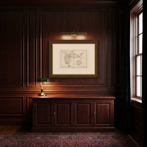 Antique Map Guadeloupe & Marie Galante, Rigobert Bonne Caribbean Chart c1780, shown framed in a room