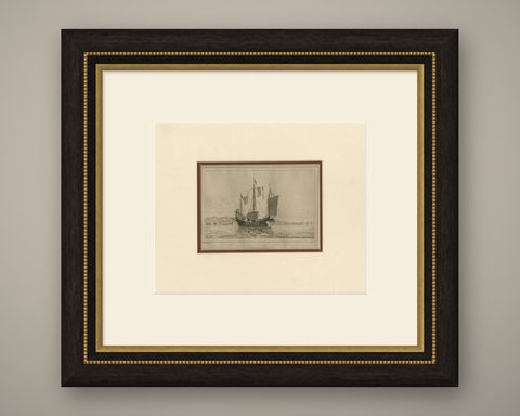 Antique Print of a Chinese Sailing Ship, 1840, shown framed