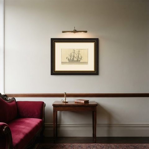Antique Print of a Three-Masted Man-of-War, circa 1770, shown framed in a room