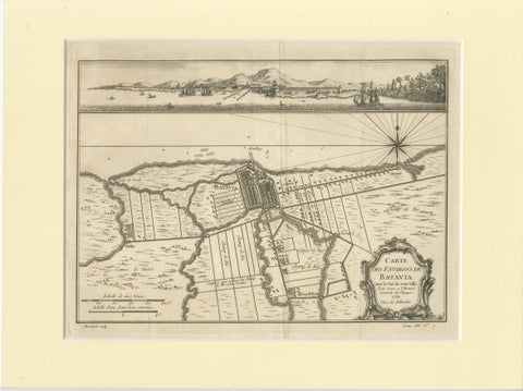 Old Engraving of Batavia 'Jakarta, Indonesia' with Map and Harbour View, 1750, view 2