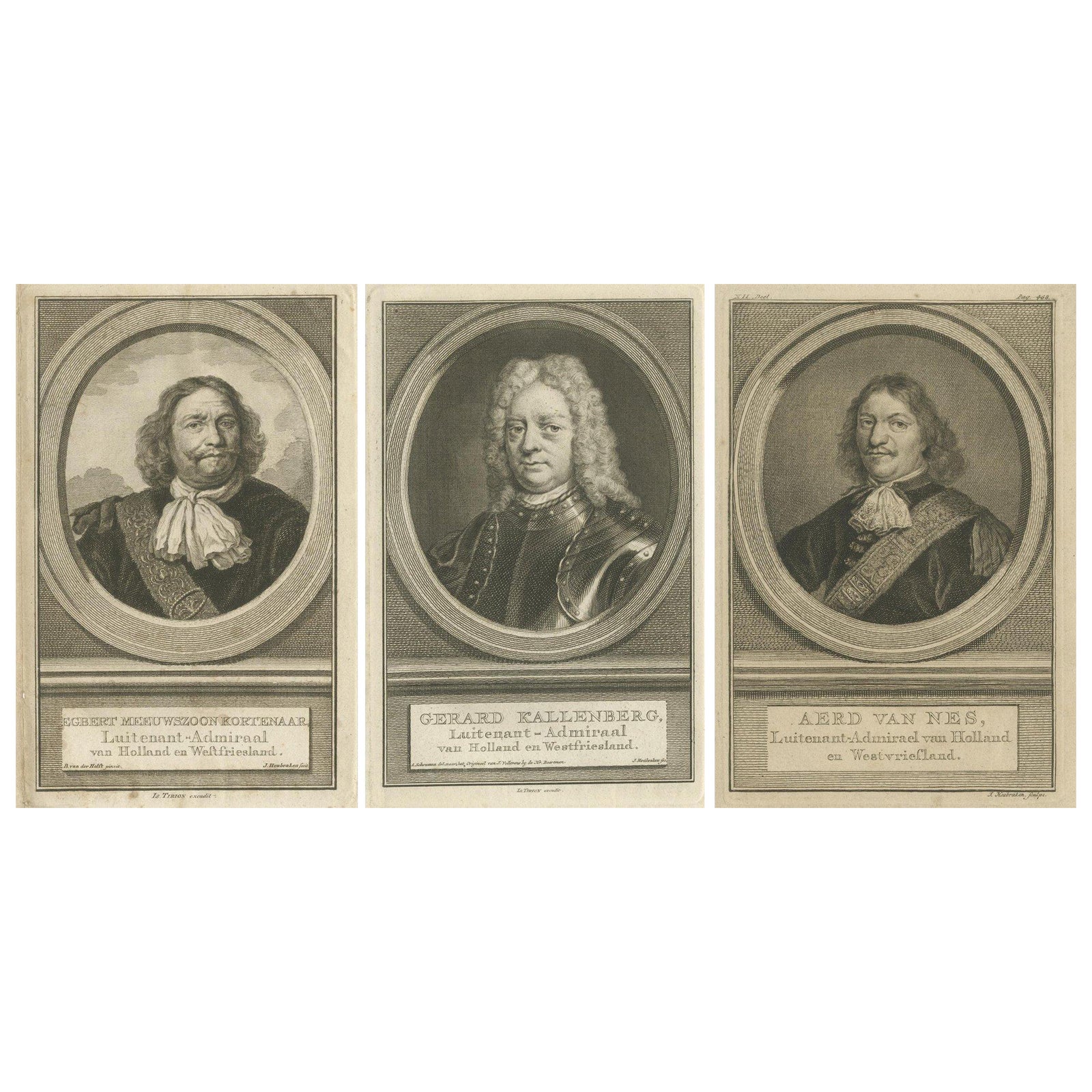 Set of Three Dutch Naval Portraits, Kortenaer, Kallenberg, and Van Nes, c.1700s