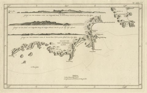 Antique Coastal Views and a Map of Van Diemens Land (Tasmania), Australia, 1803, close-up 1