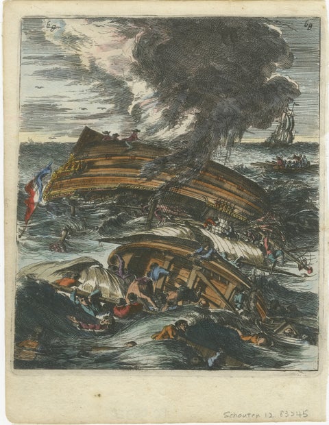 Capsizing Warships, Hand-Colored Etching of Schouten’s East Indian Voyage, 1676, view 2