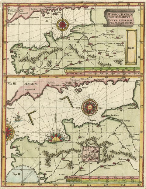 Two Charts of The English Channel, Each Adorned with Nice Compass Roses, ca.1700, close-up 1