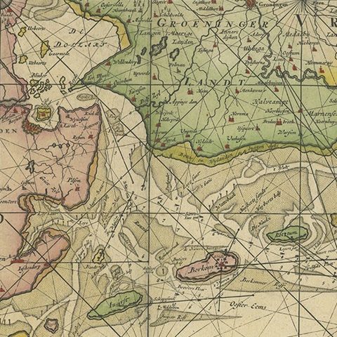 Old Decorative & Highly Detailed Sea Chart of the North Dutch-German Coast, 1681, close-up 1