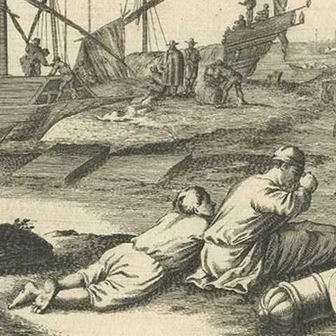 Antique Untitled Harbour View 'I' by J. Wolff, circa 1730, close-up 1
