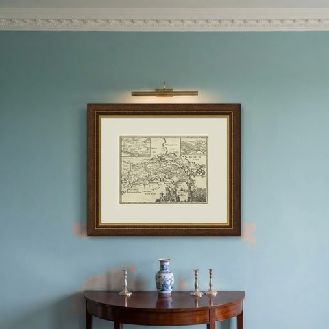 Original Antique Map of the Coast of Part of Greece, with Athens and Thebes, shown framed on a wall