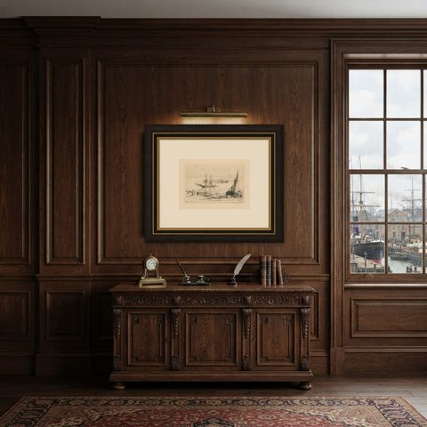 A Brig at Anchor, Thames, Haden, 1870, British Etching Revival, shown framed in a room