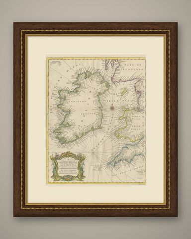 Hand-colored Nautical Chart: St. George's Channel and the Irish Sea, 1744, shown framed