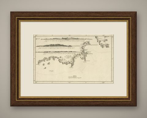 Antique Coastal Views and a Map of Van Diemens Land (Tasmania), Australia, 1803, shown framed