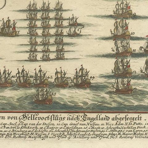Antique Print of the Fleet of William III of Orange by Merian 'c.1700', close-up 1