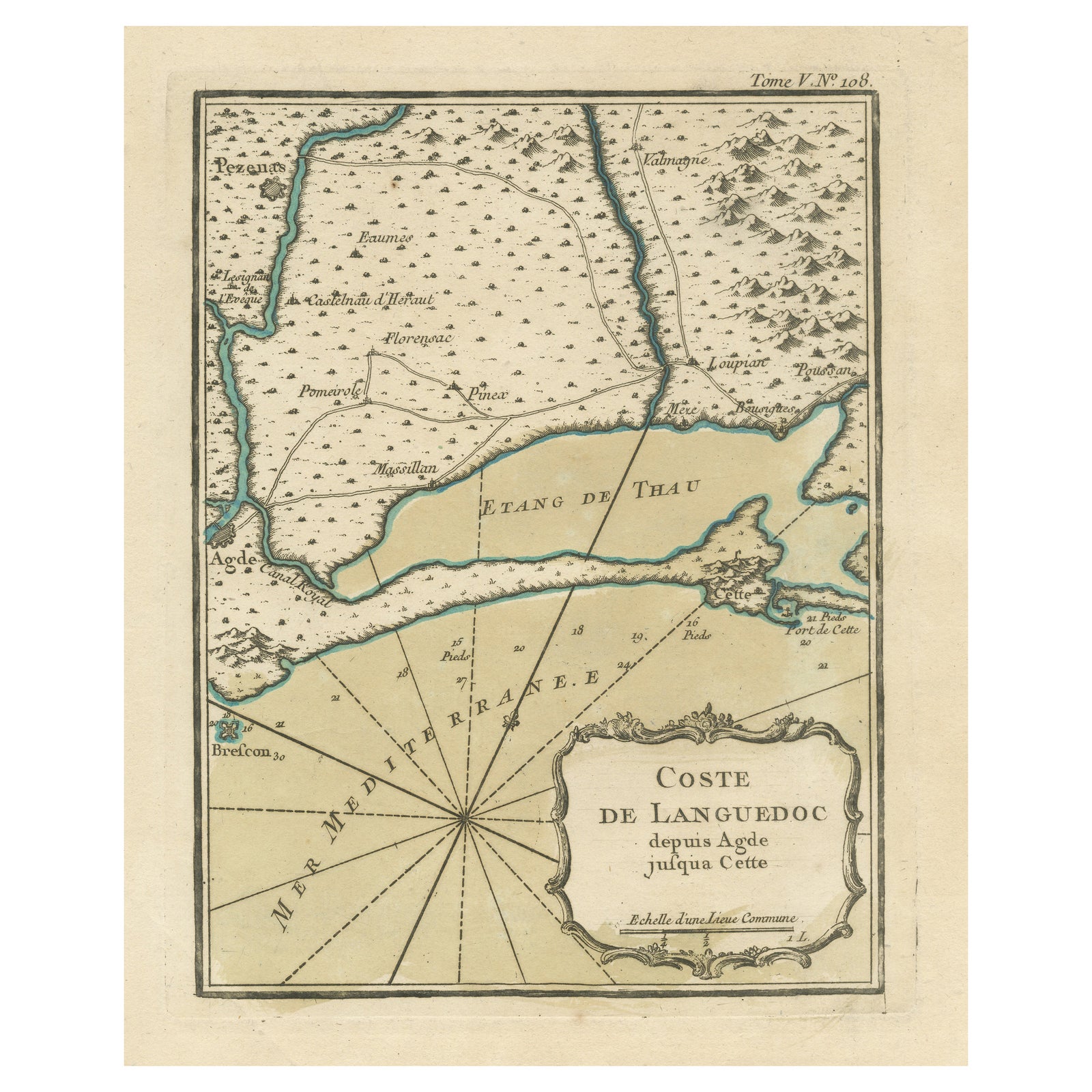 Antique Map of the Languedoc Coast between Agde and Sète 'Cette', France