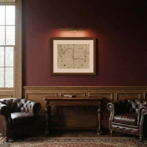 Original Antique Sea Chart of the Coastline from England to Gibraltar, ca.1700, shown framed in a room
