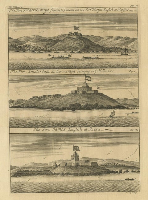 Copperplate Engraving Showing Forts on the West African Gold Coast, Ghana, 1744, close-up 1
