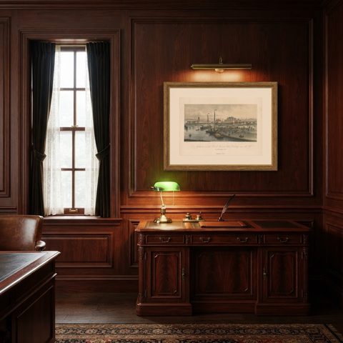 Antique Print of the Harbour of the IJ 'Amsterdam' by Stemler '1871', shown framed in a room